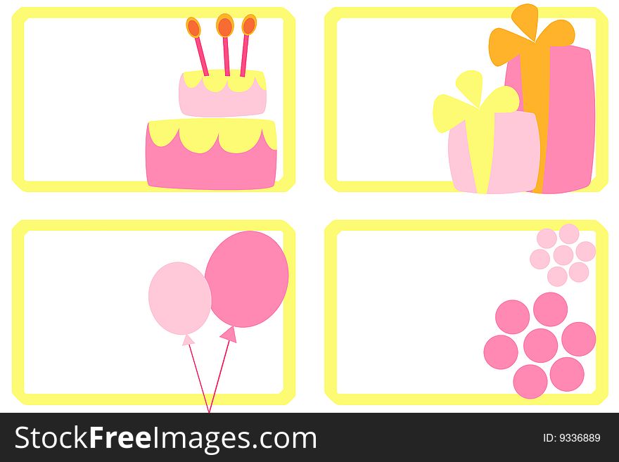 A set of four tags decorated with a cake, gifts, balloons and flowers. A set of four tags decorated with a cake, gifts, balloons and flowers