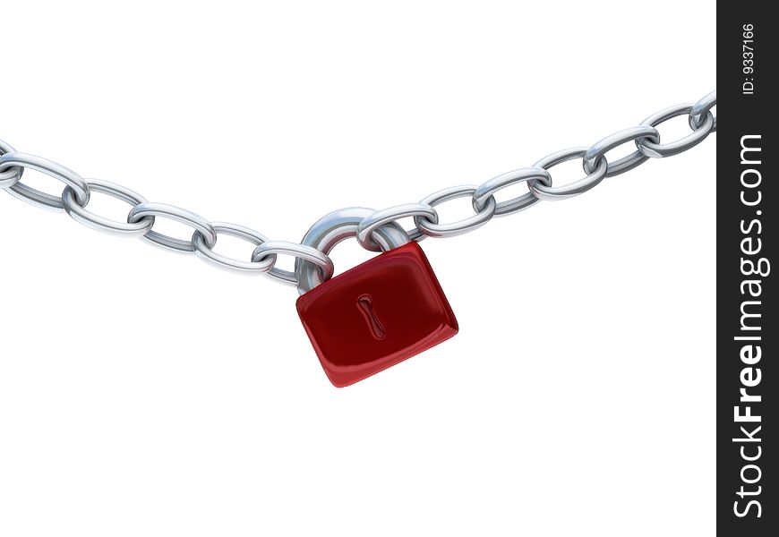 3d render of red padlock on a chain