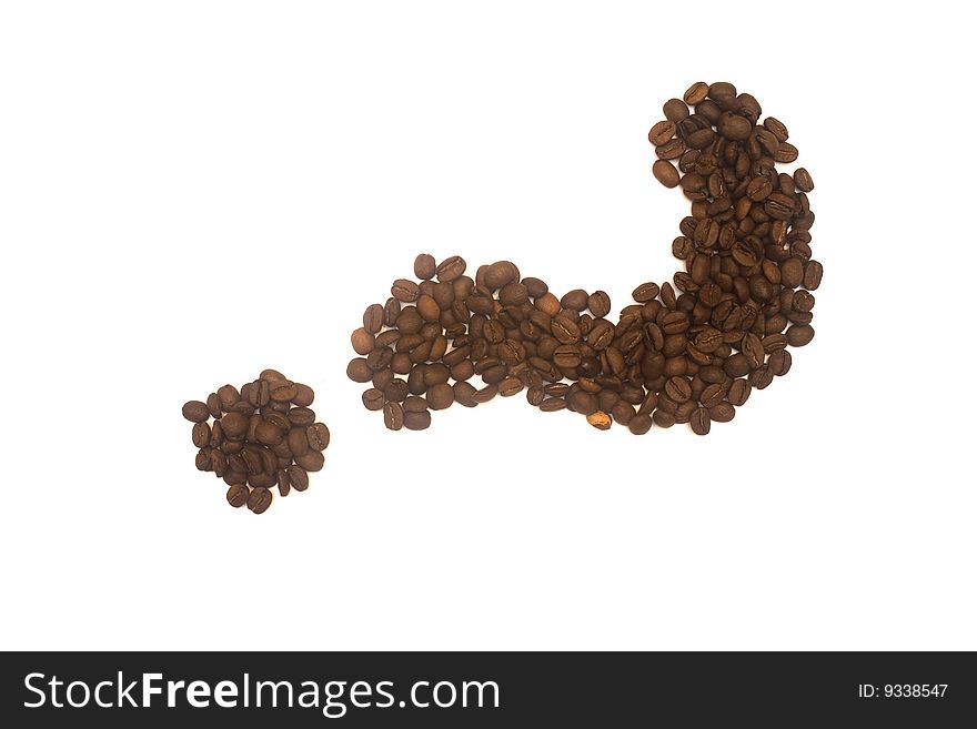 A question mark made from roasted coffee grains, isolated on a white background. A question mark made from roasted coffee grains, isolated on a white background.