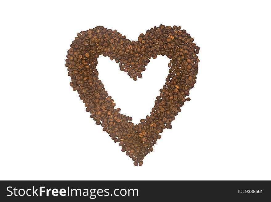 A heart made from roasted coffee grains, isolated on a white background. A heart made from roasted coffee grains, isolated on a white background.