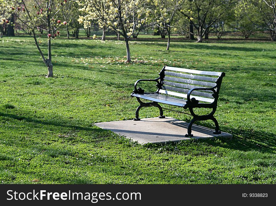 Park bench in Goodale Park in Columbus, Ohio in springtime