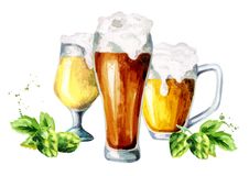 Beer, Hops, Malt Set. Watercolor Stock Photos