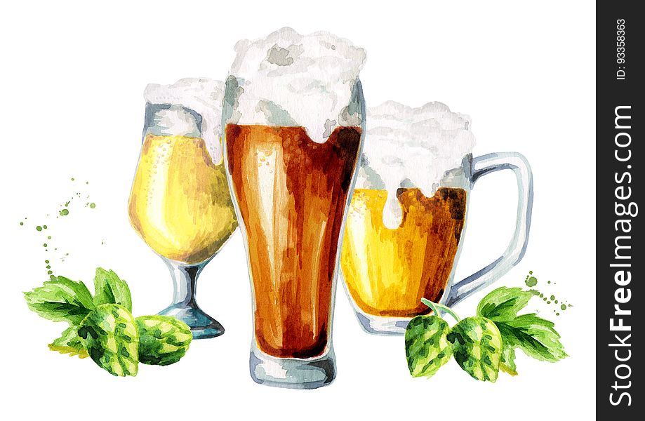 Beer, Hops, Malt Set. Watercolor