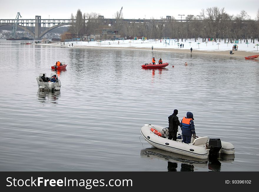 Lifeguards boats security order on the water in winter. Lifeguards boats security order on the water in winter