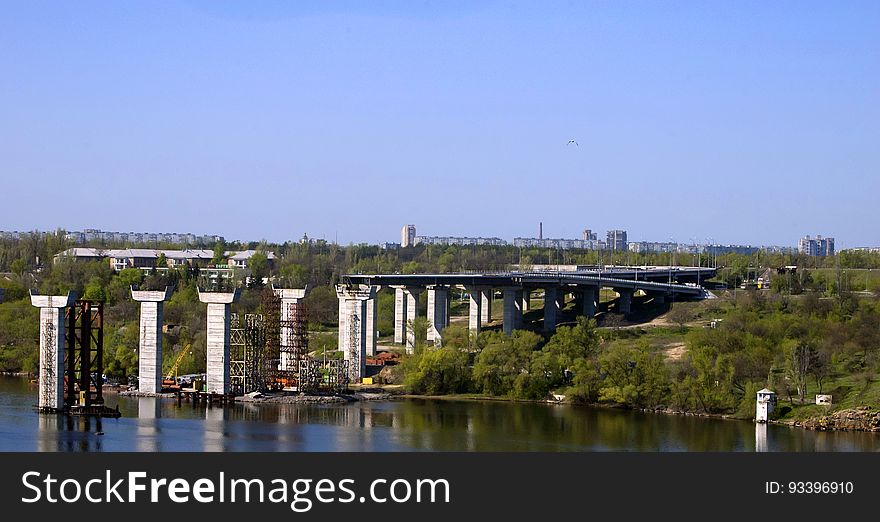 Construction of the bridge and highway on river