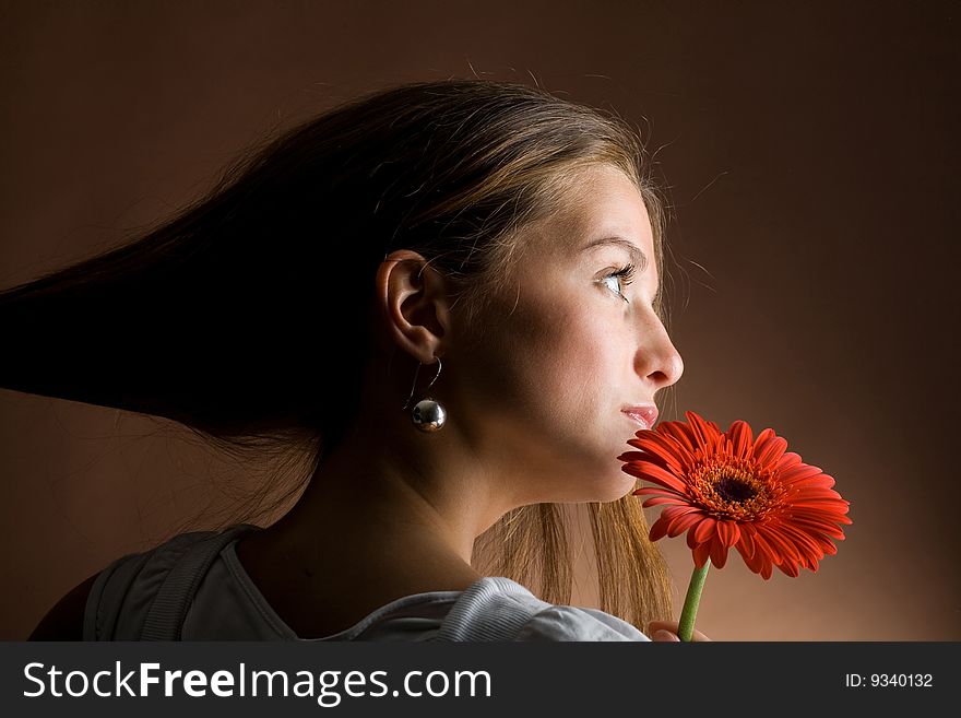 A pretty young woman with long brown hair posing with a red flower in her hand on a dark background. A pretty young woman with long brown hair posing with a red flower in her hand on a dark background