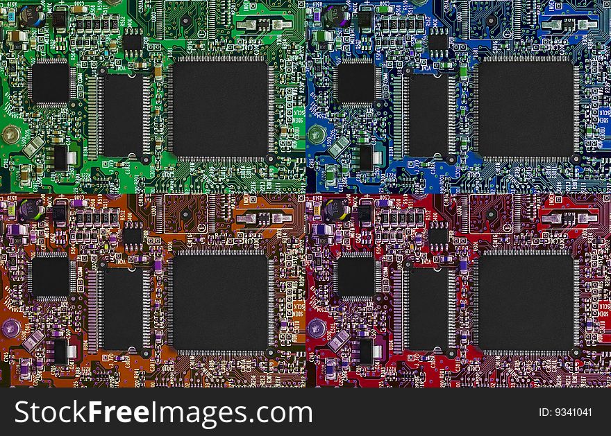 Microcircuit technology backgrounds: green, blue, orange and red boards