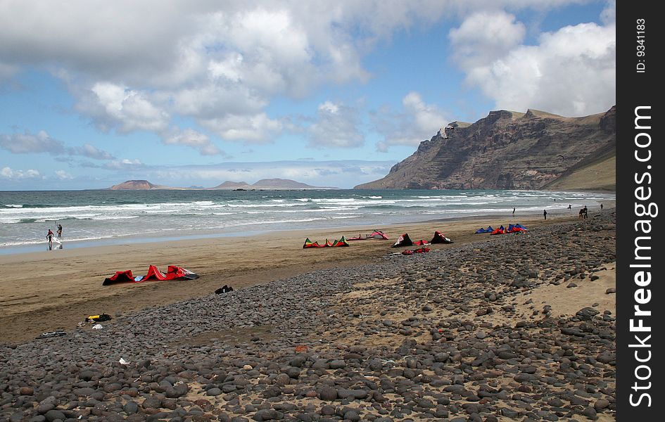 Kitesurfing from Famara beach, Lanzarote. Kitesurfing from Famara beach, Lanzarote