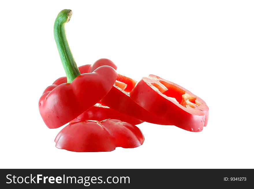 Sliced sweet pepper isolated on the white background.  Isolation path inside.