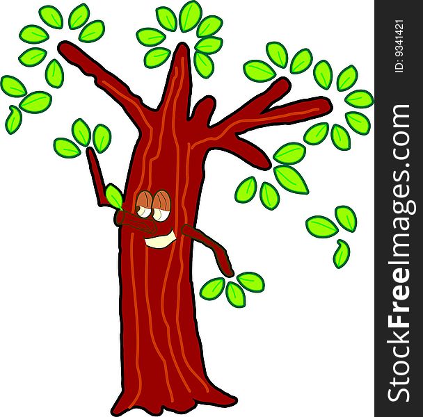 Smiling tree waving with pinoccio nose