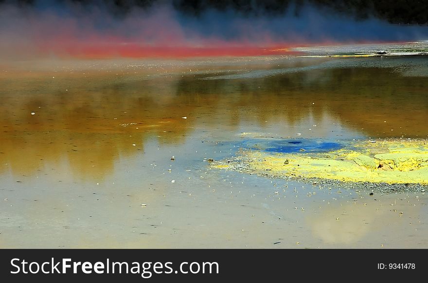 Colorful steaming thermal pools. New Zealand.