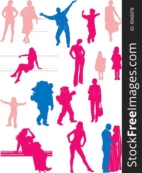 Sixteen people silhouettes. Vector and raster version