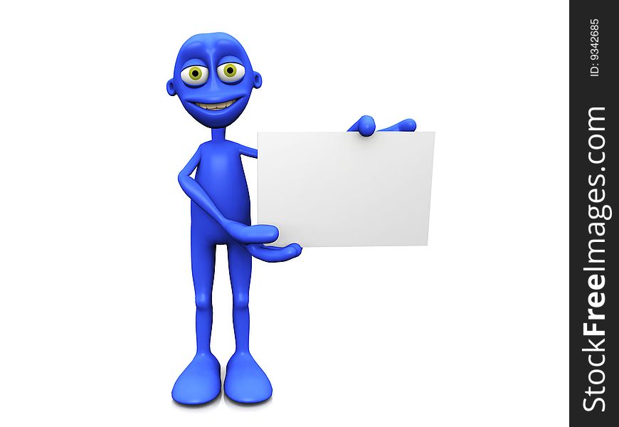 A blue cartoon figure holding a blank sign. A blue cartoon figure holding a blank sign.