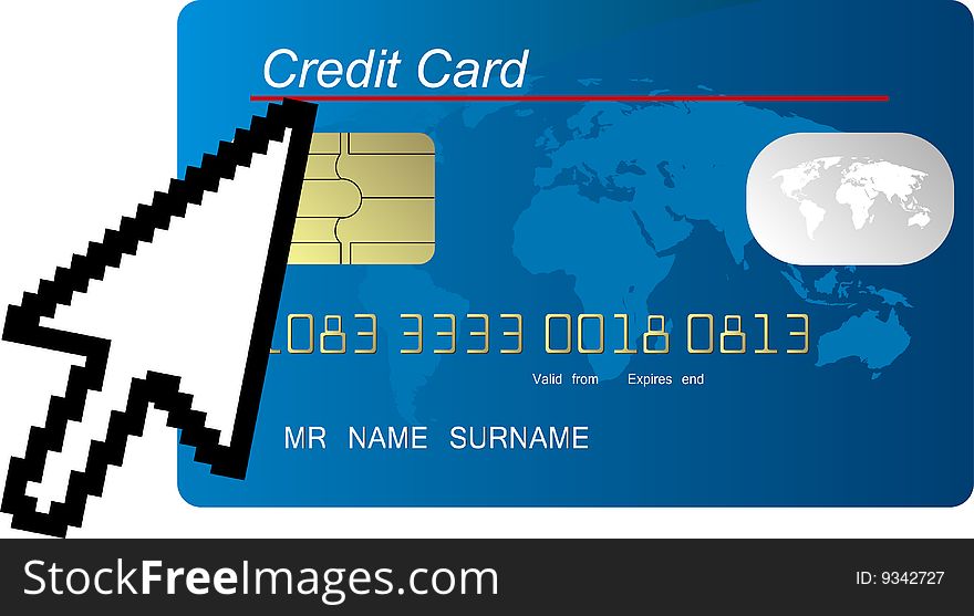 Blue credit card vector with computer cursor. Blue credit card vector with computer cursor