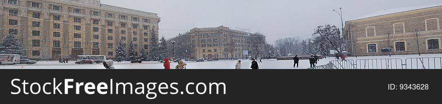 The city area in winter day at dense snow