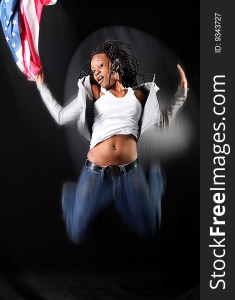 Afro-american dancer in jump with USA flag