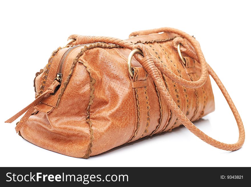 Leather bag on white background