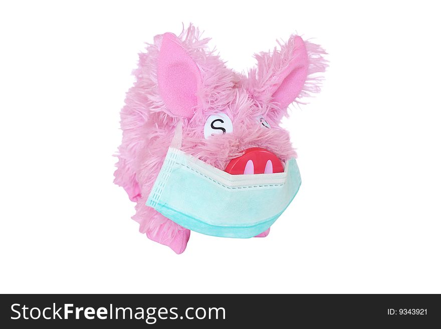 Pink toy pig with earloop mask isolated on white background. Anti swine flu concept. Pink toy pig with earloop mask isolated on white background. Anti swine flu concept.