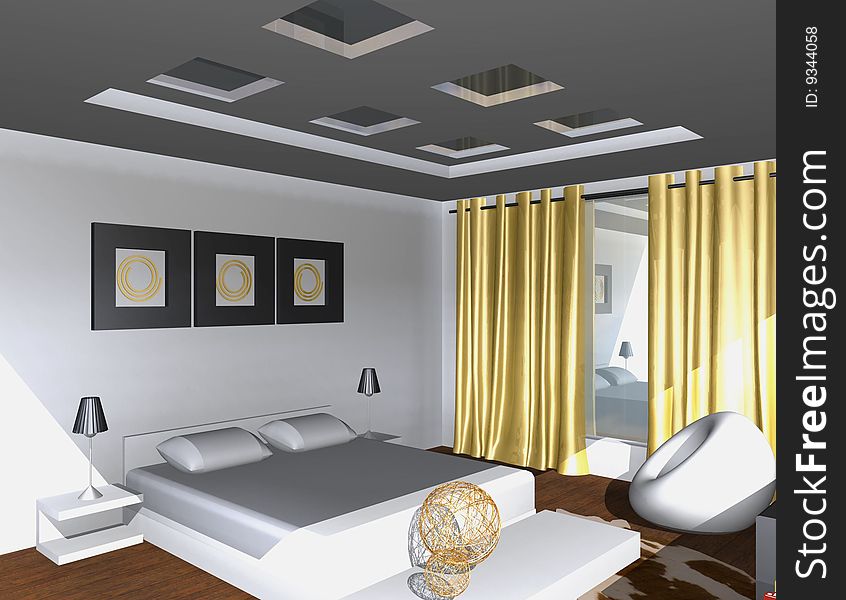 There is a bed over center of bedroom, from two sides cabinets, white chair near window decorated with gold cirtains