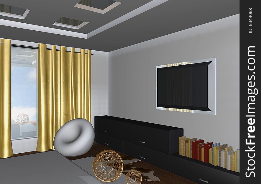 There is a bedroom with white walls, along wall cabinets with books, white chair near window decorated with gold cirtains