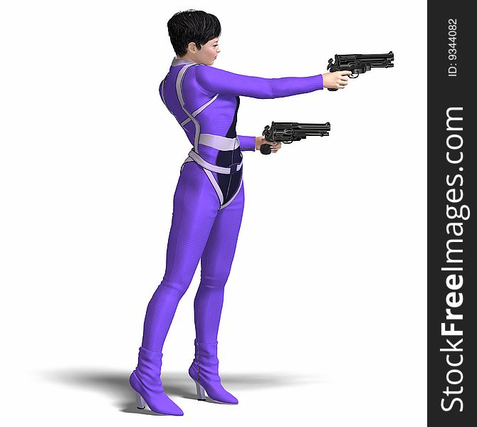 Rendering of Female Action Agent with guns contains Clipping Path. Rendering of Female Action Agent with guns contains Clipping Path