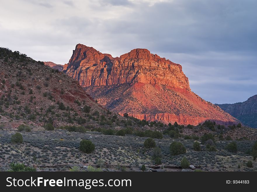 Sunset in Zion National Park with snadstone glowing in the evening light