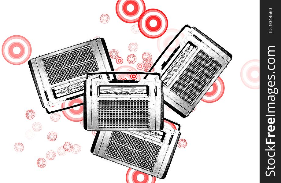 Old black and white vintage retro radios on a white background