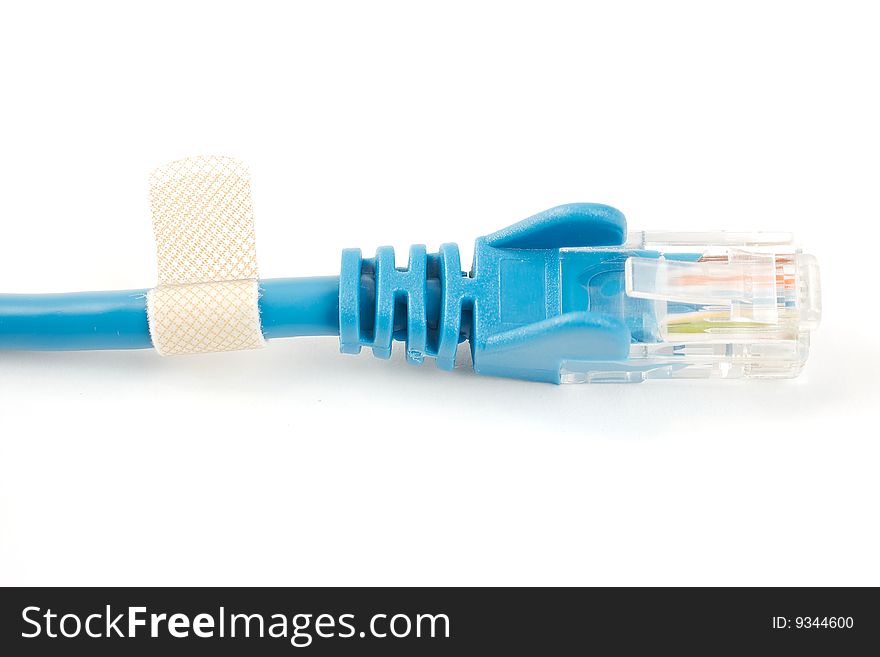 A blue ethernet networking cable with a bandage around it. A blue ethernet networking cable with a bandage around it