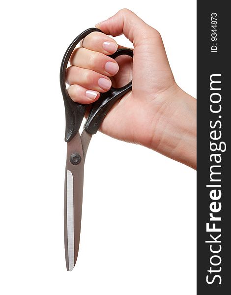 Hand with the scissors, isolated on the white. Hand with the scissors, isolated on the white