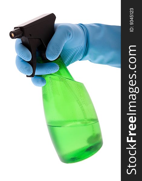 Spraying bottle with rubber glove, cleans disinfect and clean