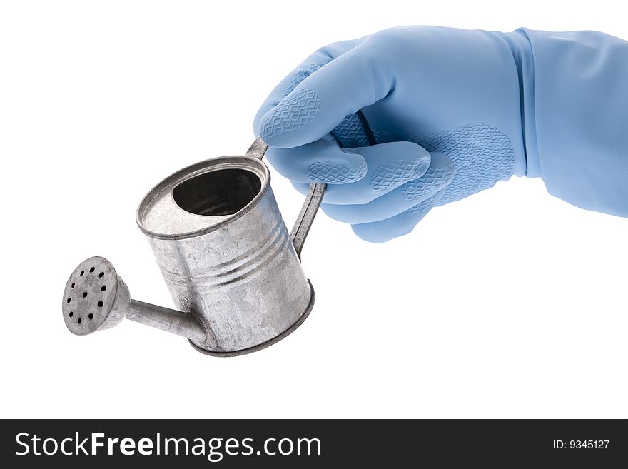 Blue rubber glove with watering can, isolated against white background