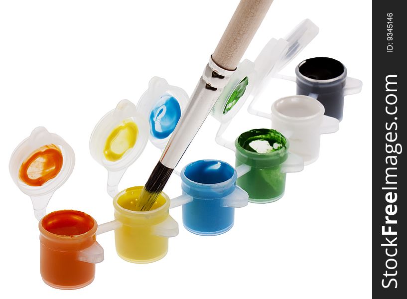 Color pots with brush, isolated against a white background