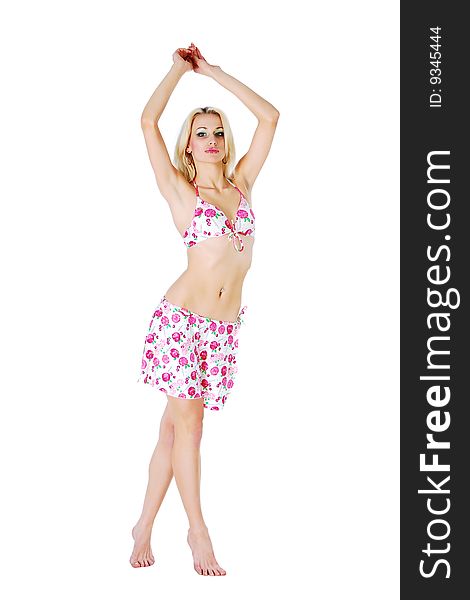 blonde model in bikini. Isolated over white background. blonde model in bikini. Isolated over white background.