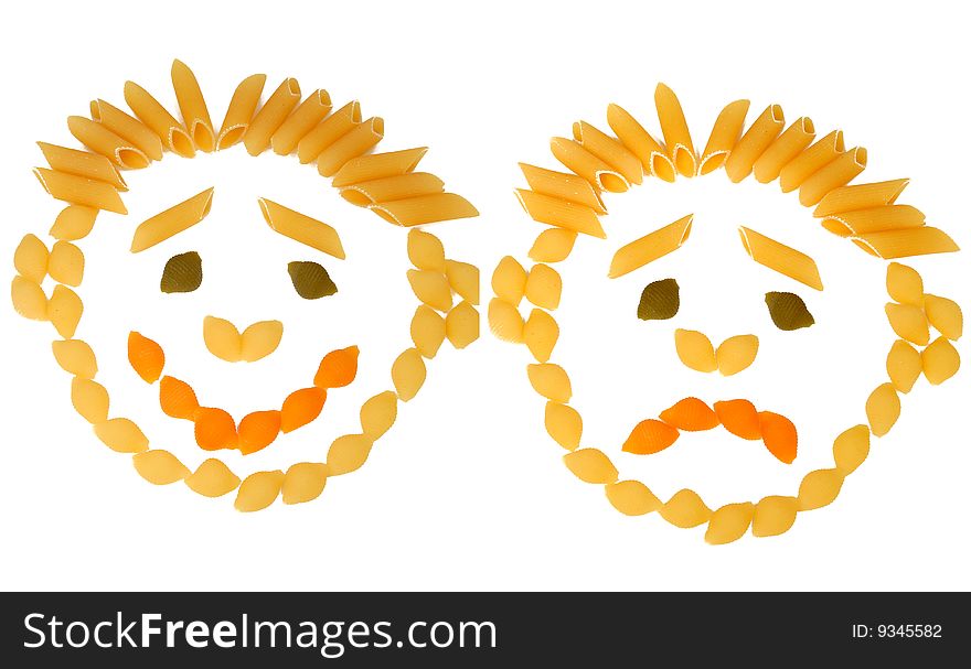 Macaroni in the form of the cheerful and sad person not a white background