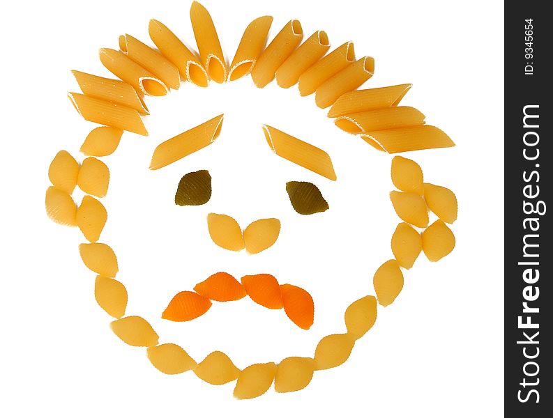 Macaroni in the form of the sad person on a white background