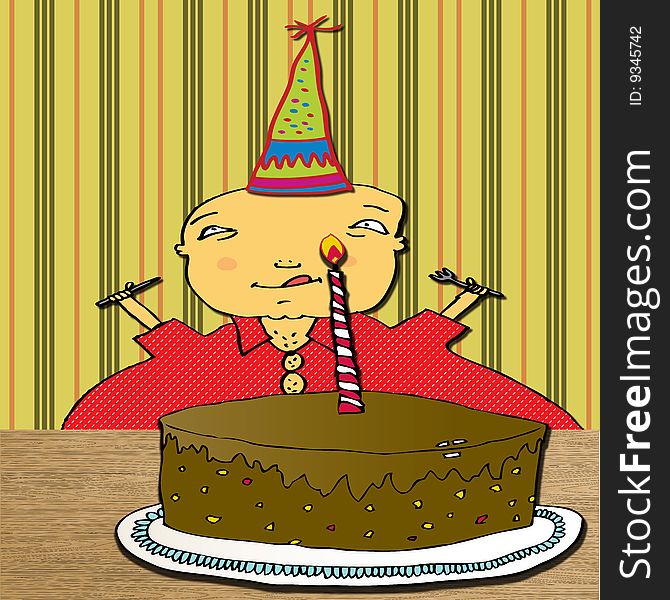 The birthday big boy sits down to enjoy a large chocolate birthday cake. Fully scalable vector illustration. The birthday big boy sits down to enjoy a large chocolate birthday cake. Fully scalable vector illustration.