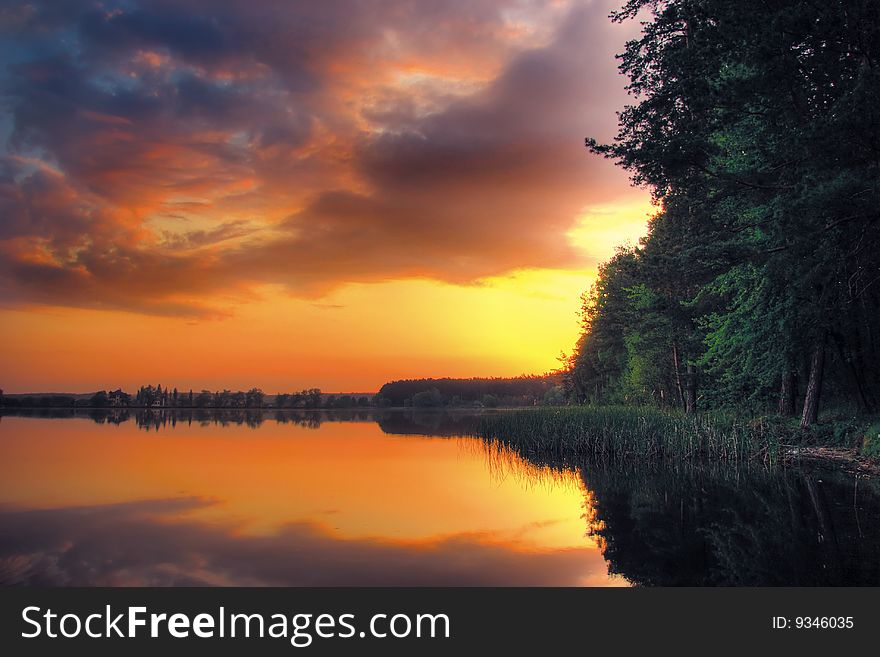 Colorful sunset over a  lake