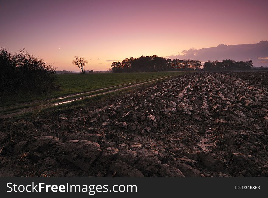 Meadows and arable land in the evening. Meadows and arable land in the evening