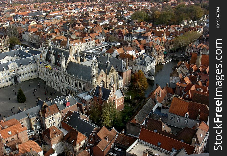 View of central markt of Brugge, Belgium, in autumn from the keep. View of central markt of Brugge, Belgium, in autumn from the keep