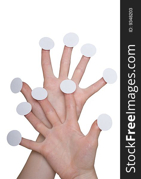 Woman palms with round papers on fingertips