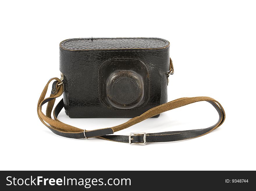 Vintage camera in the leather carry-case isolated on pure white. Vintage camera in the leather carry-case isolated on pure white