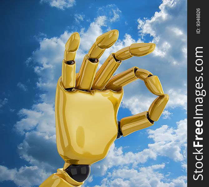 3d robotic hand giving the okay sign on a sky background. Including clipping path. 3d robotic hand giving the okay sign on a sky background. Including clipping path.