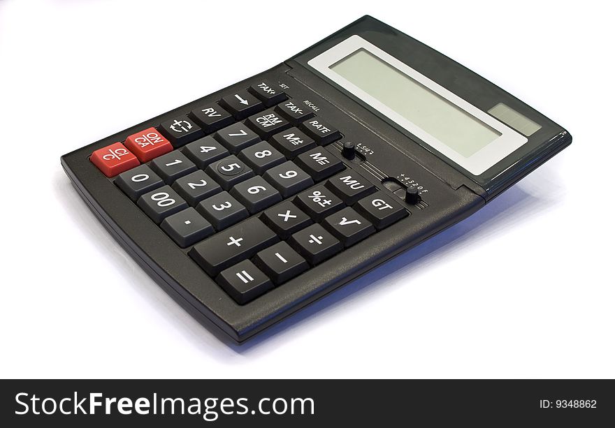 Calculator placed on  a white background