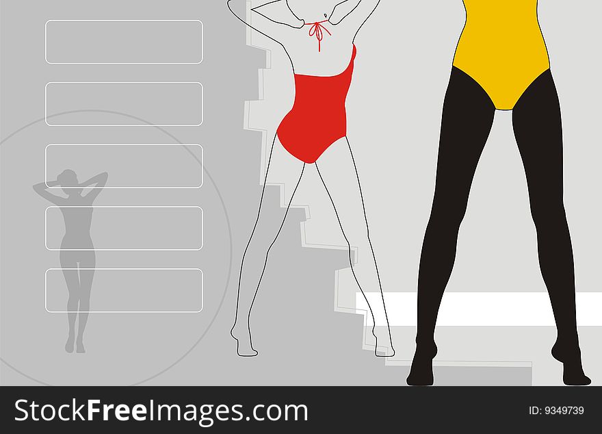 Creative composition with figures of girls. In the centre the figure silhouette in a bathing suit is located. Near to it there is a silhouette of female feet. Creative composition with figures of girls. In the centre the figure silhouette in a bathing suit is located. Near to it there is a silhouette of female feet.