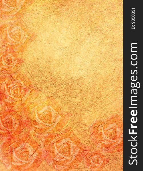 Orange roses on creased paper - illustration. Orange roses on creased paper - illustration