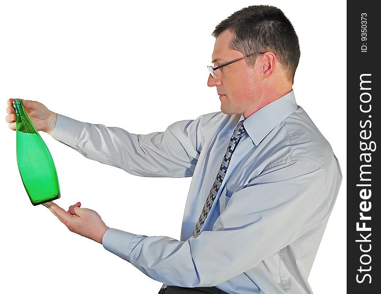 Portrait of man in glasses with a bottle on white background