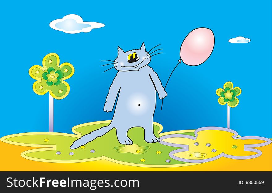 Cat with a balloon in hands.