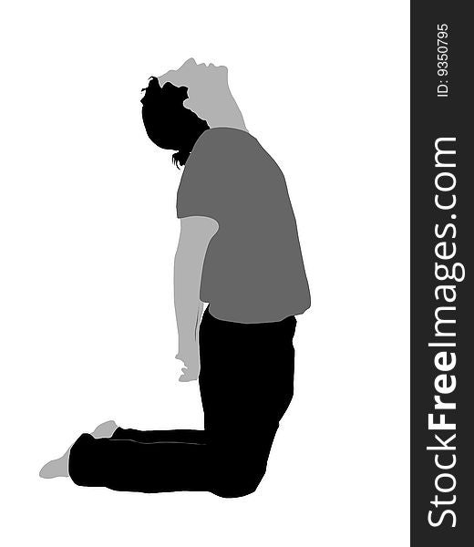 Male in yoga pose looking upwards on white background