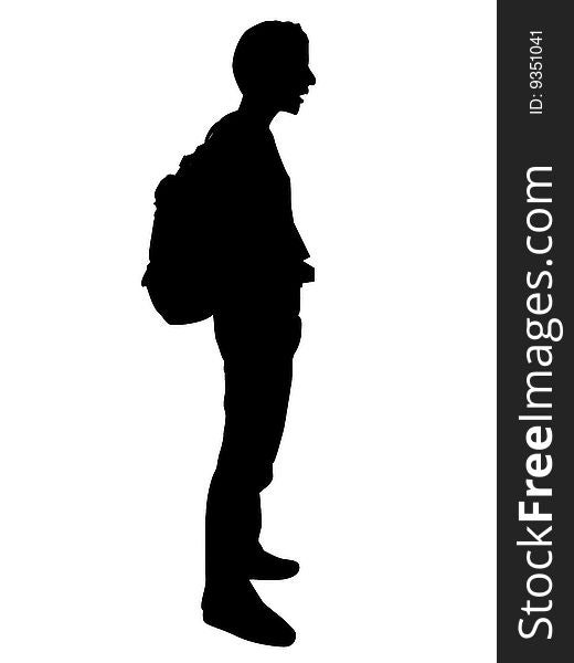 Man posing with bag and books on isolated background