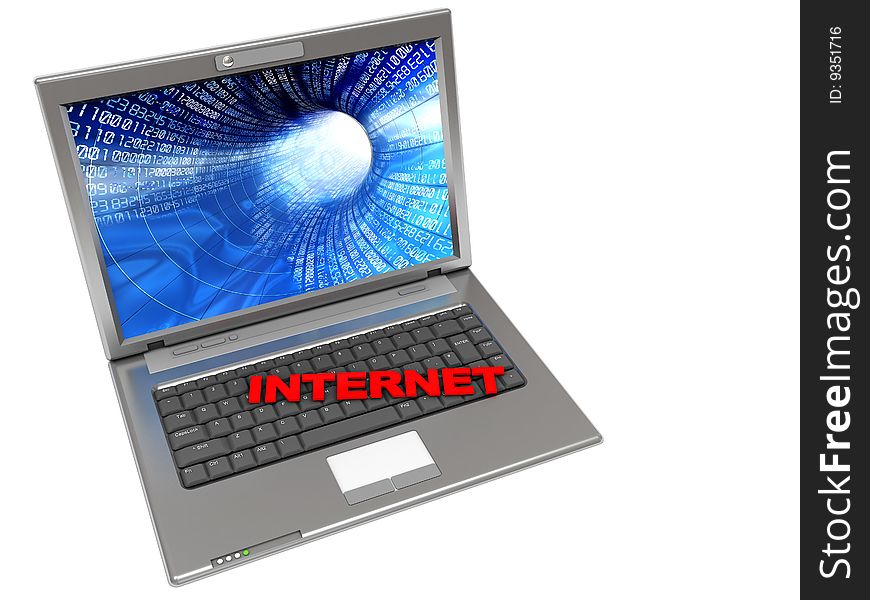 3d illustration of laptop with text 'internet' on keyboard. 3d illustration of laptop with text 'internet' on keyboard